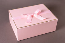 Load image into Gallery viewer, Pink gift box with gold edge and ribbon bow
