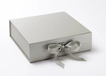 Load image into Gallery viewer, Silver Large Luxury Square Hamper Gift Box with Ribbon front
