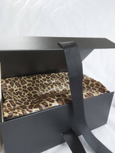 Load image into Gallery viewer, Black A5 Luxury Magnetic Gift Box with Ribbon with Leopard print tissue paper front
