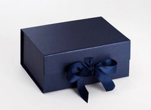 Load image into Gallery viewer, Navy Blue A5 Luxury Magnetic Gift Box with Ribbon front
