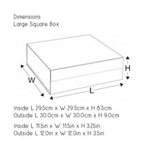 Load image into Gallery viewer, Silver Large Luxury Square Hamper Gift Box with Ribbon dimensions
