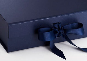 Navy Blue Large Luxury Square Hamper Gift Box with Ribbon detail