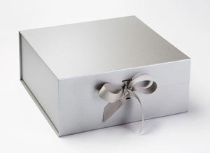 Silver Extra Large Luxury Magnetic Gift Box with Ribbon front
