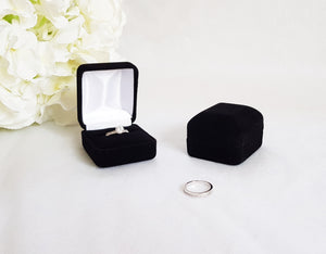 Black Velvet Single Ring Box - White Interior open and closed