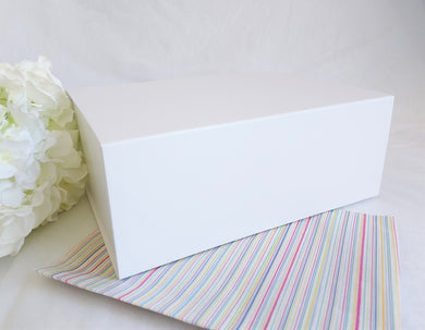 White Magnetic Gift Box front with stripy tissue paper