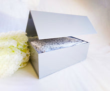 Load image into Gallery viewer, Silver Magnetic Gift Box open with silver star tissue paper

