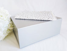 Load image into Gallery viewer, Silver Magnetic Gift Box with silver star tissue paper
