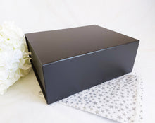 Load image into Gallery viewer, Black Magnetic Gift Box front with silver start tissue paper
