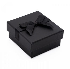 Black Card Ring Box with attached Satin Ribbon Bow and Foam Insert shut