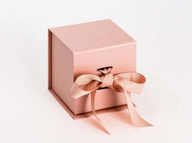 Rose Gold Luxury Cube Gift Box with Ribbon front