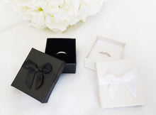 Load image into Gallery viewer, Ivory Card Ring Box with attached Satin Ribbon Bow and Foam Insert black and ivory
