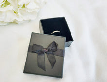 Load image into Gallery viewer, Black Card Ring Box with attached Satin Ribbon Bow and Foam Insert title
