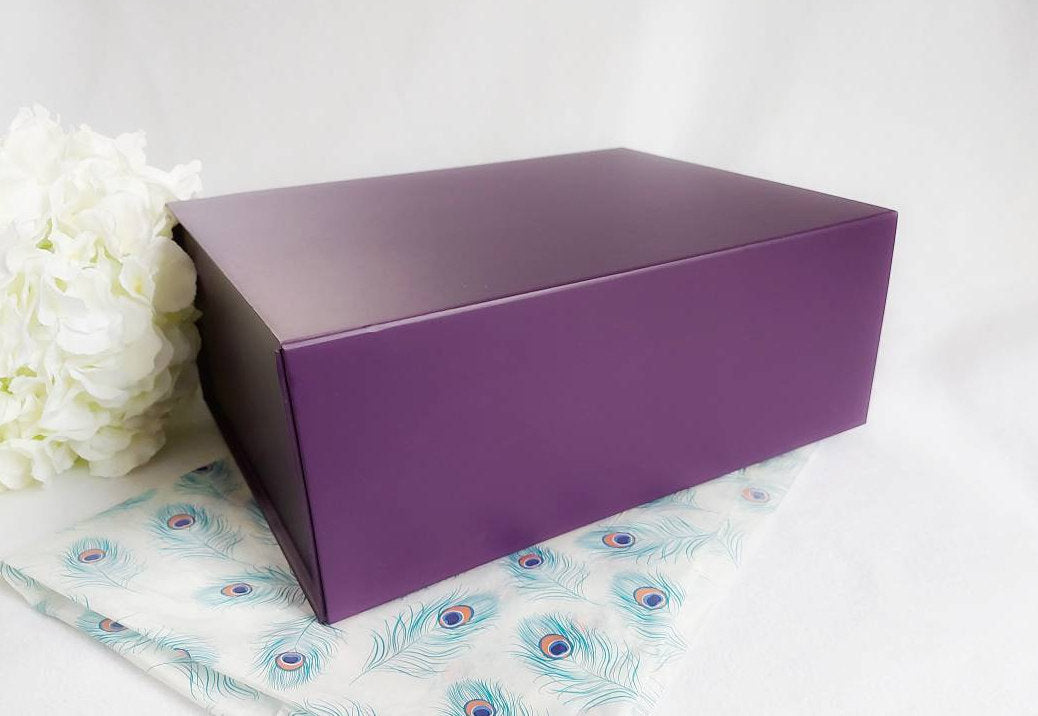 Purple Magnetic Gift Box front with feather tissue paper